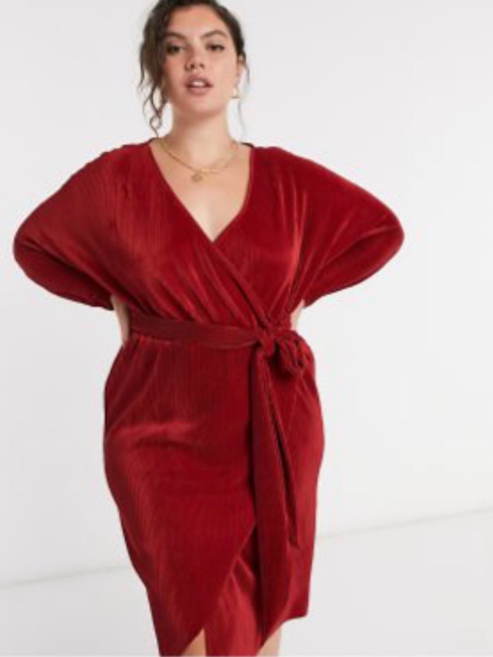 New ASOS Red Pleated Wrap Midi Dress with Side Tie